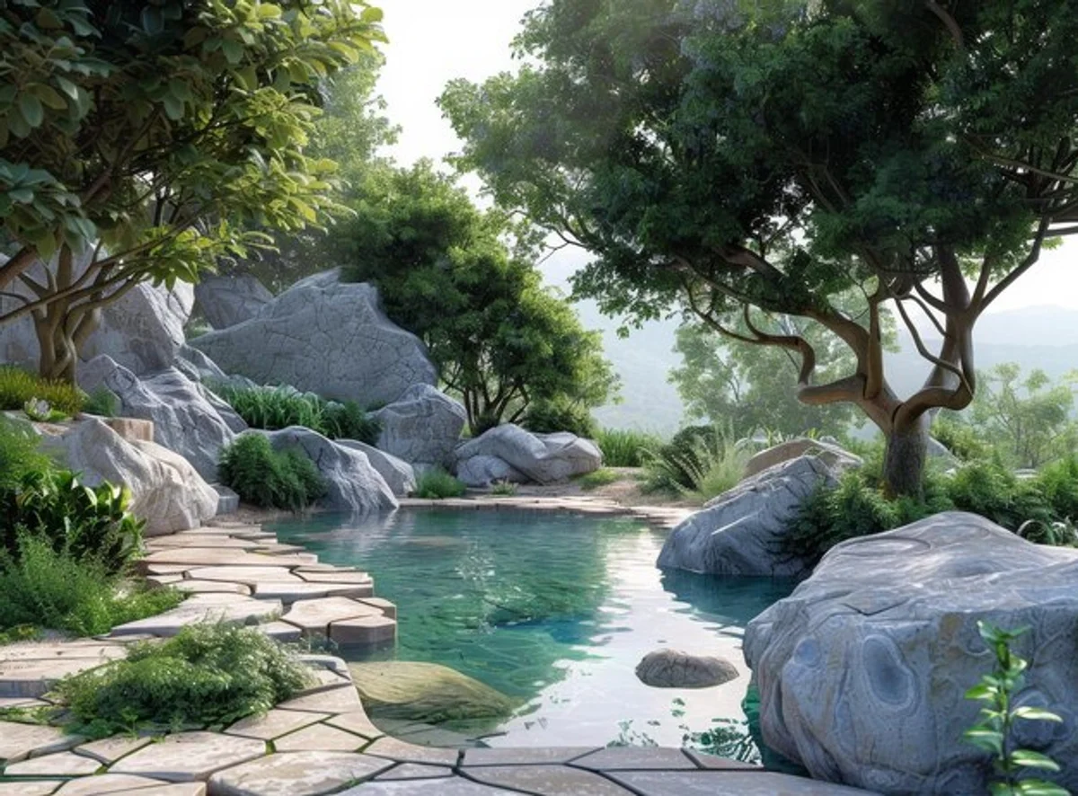 tranquil garden feng shui water feature path