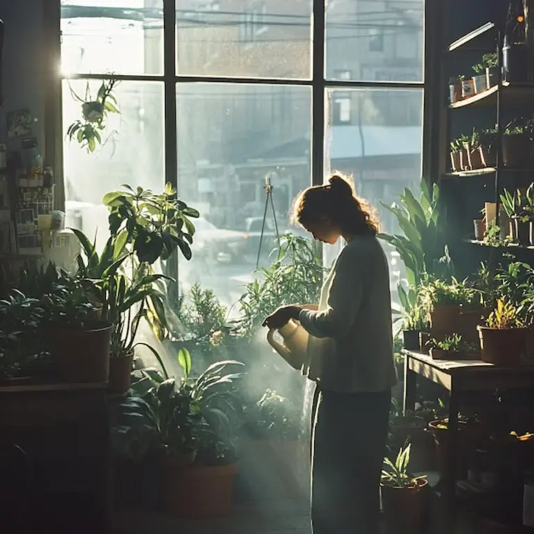 watering plants in morning sunlight