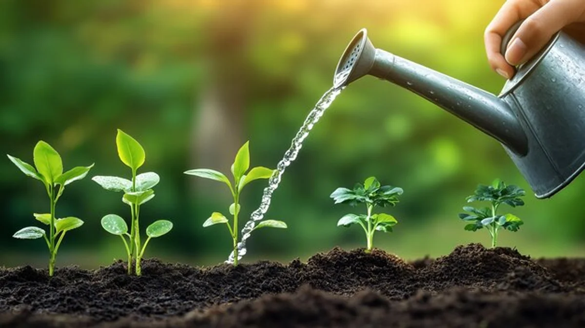 healthy morning garden with sunlight and watering can