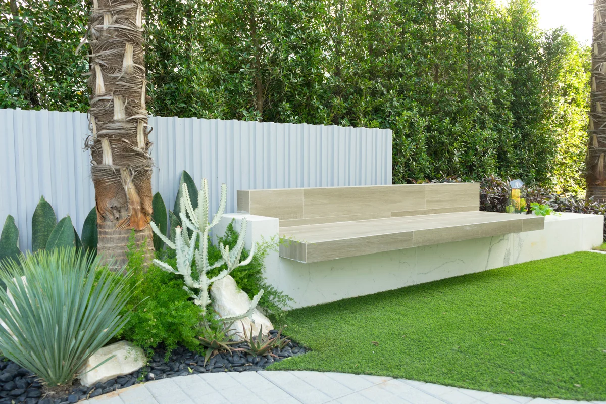 creative german garden, seamless landscape, no fences, soft transitions