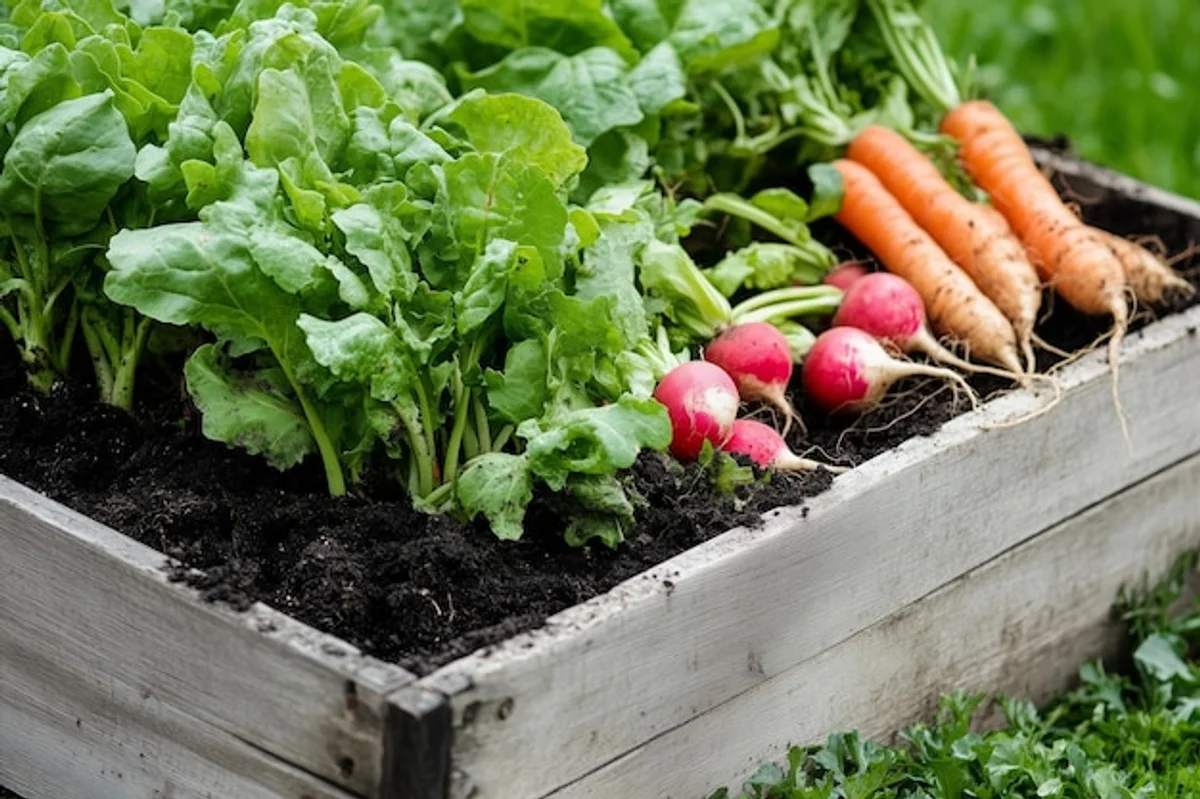 harvest of fresh carrots and radishes side by side on soil