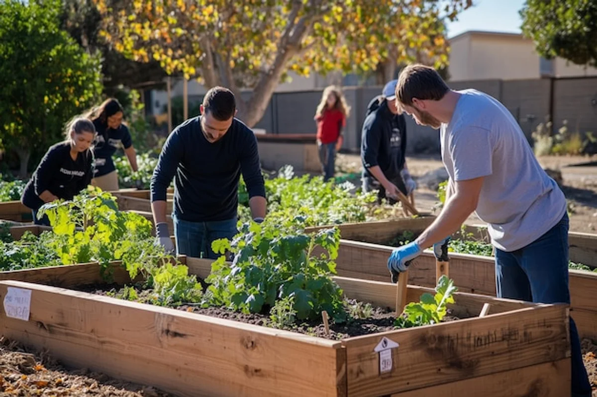 urban raised bed garden vegetables elderly hands