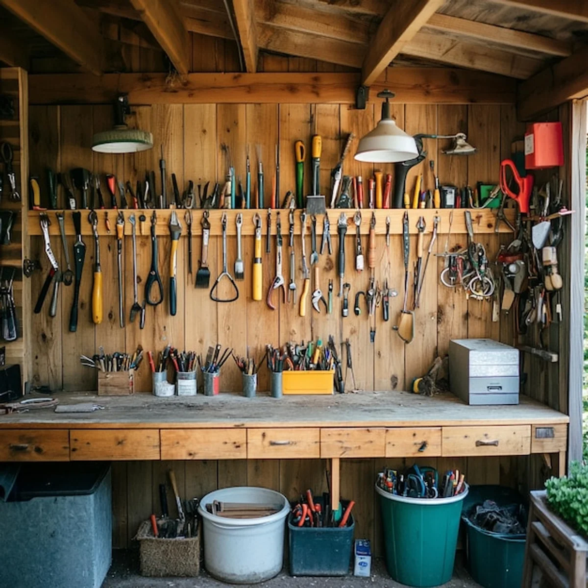 hanging garden tools in shed organized
