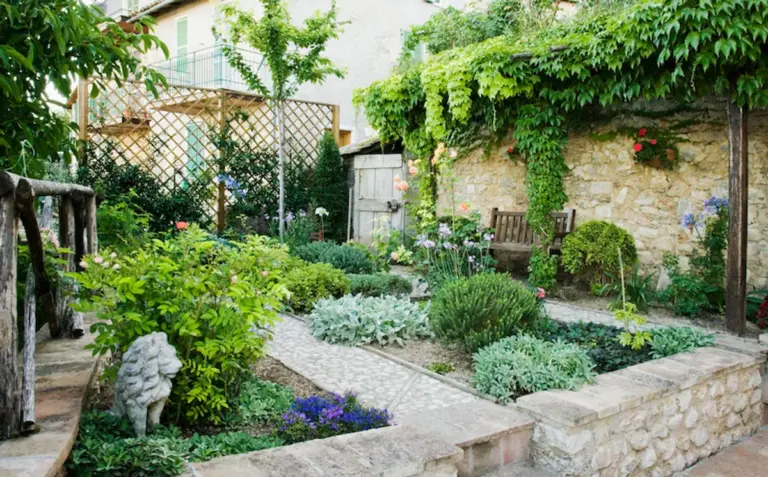 feng shui garden with harmonious lawn in german backyard