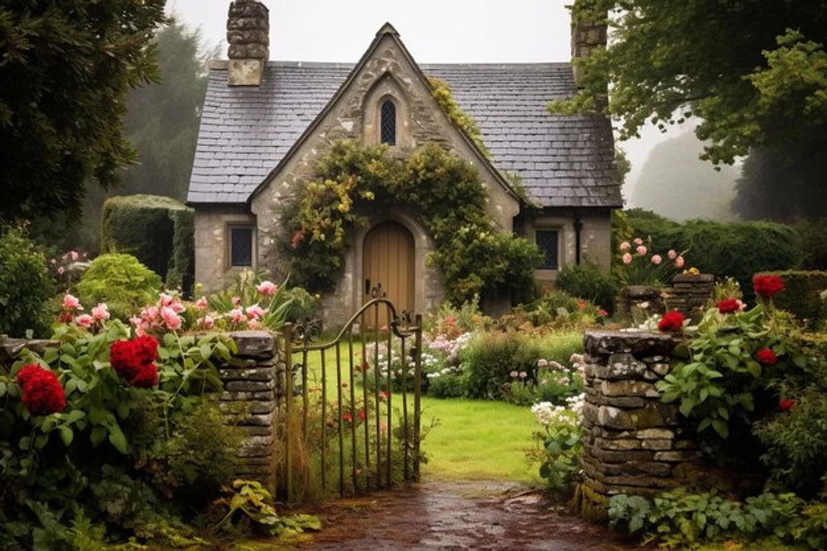cozy traditional German family garden, blooming flowers