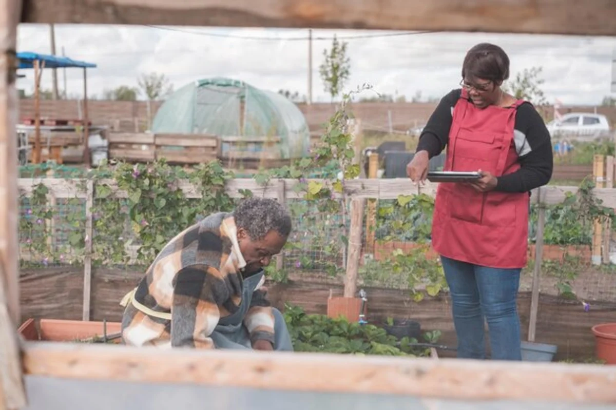 senior couples gardening together in urban garden