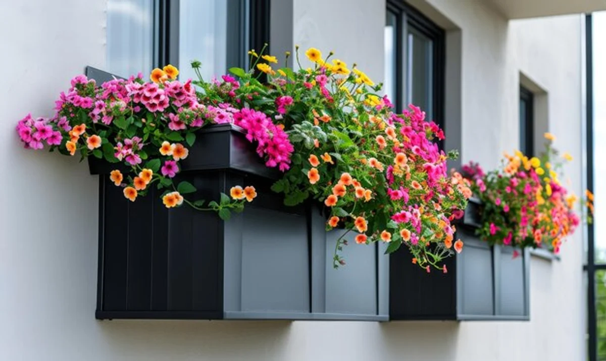 colorful petunias on urban balcony summer