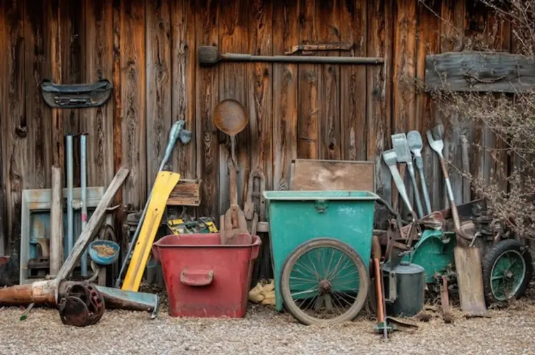 messy rusty garden tools shed