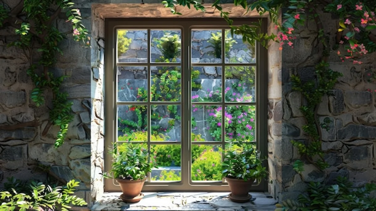 vintage window frames DIY greenhouse inside view