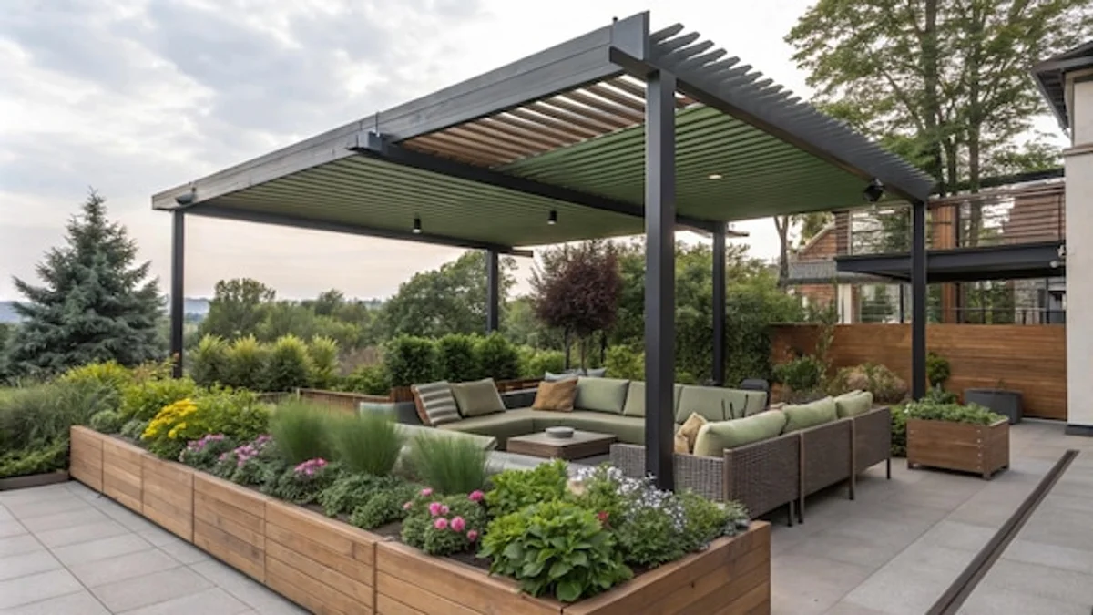 stylish modern outdoor patio with innovative rain protection
