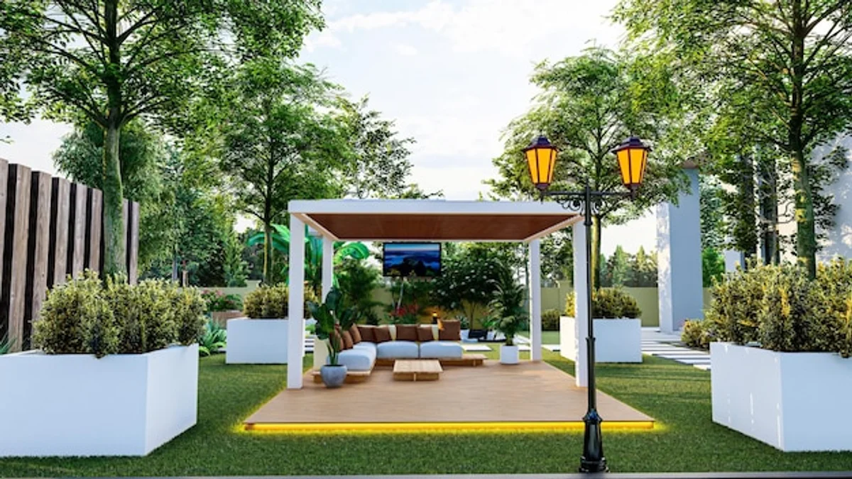 modern pergola with green plants and rain protection