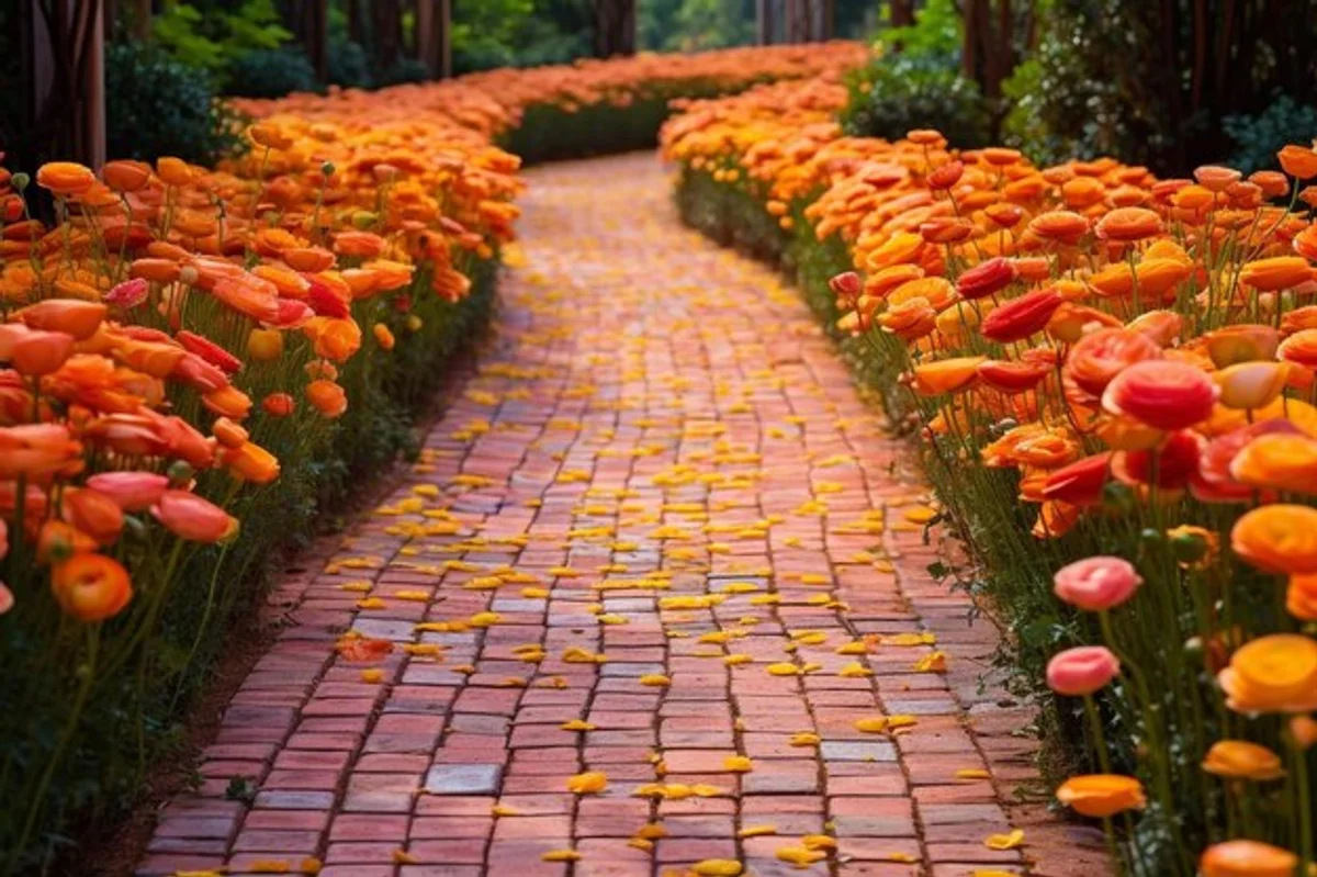 old brick garden path with flowers