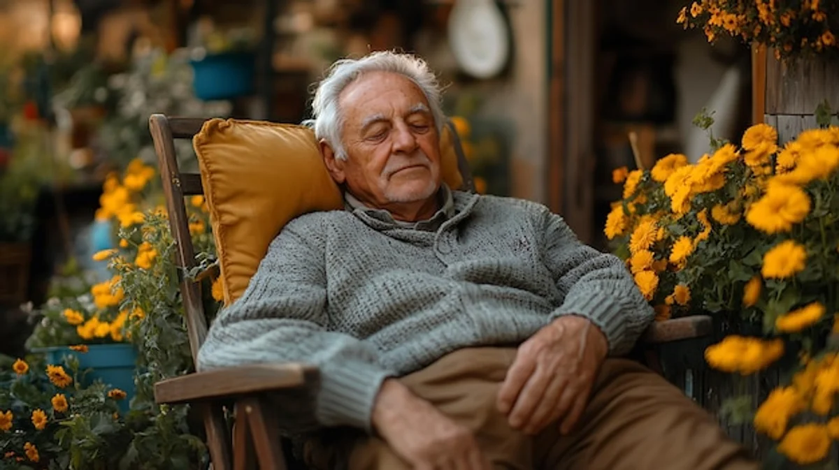 senior man relaxing in flower garden sunny day