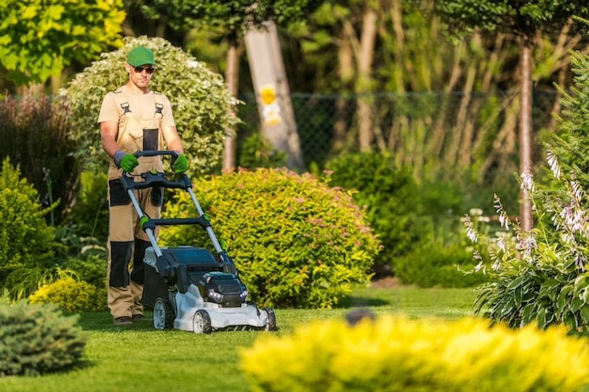 person mowing lawn with electric mower afternoon
