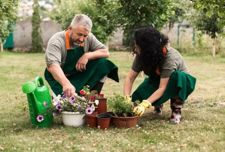 senior citizen relaxed gardening with easy tools