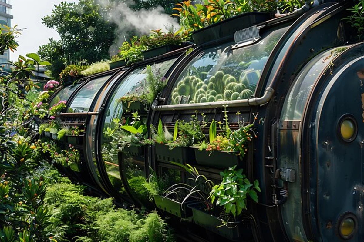 urban garden with recycled material greenhouse