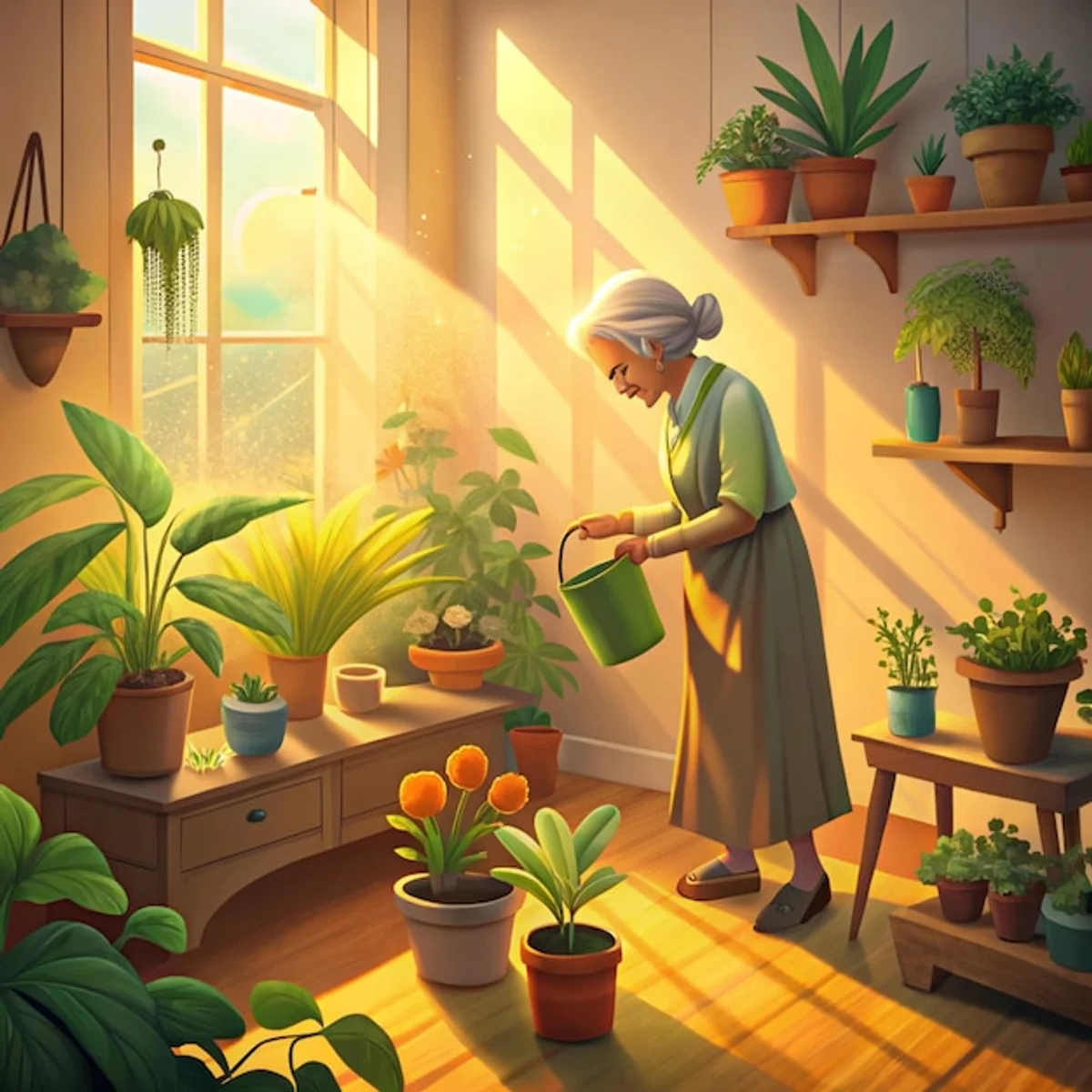 senior woman watering houseplants window sunny