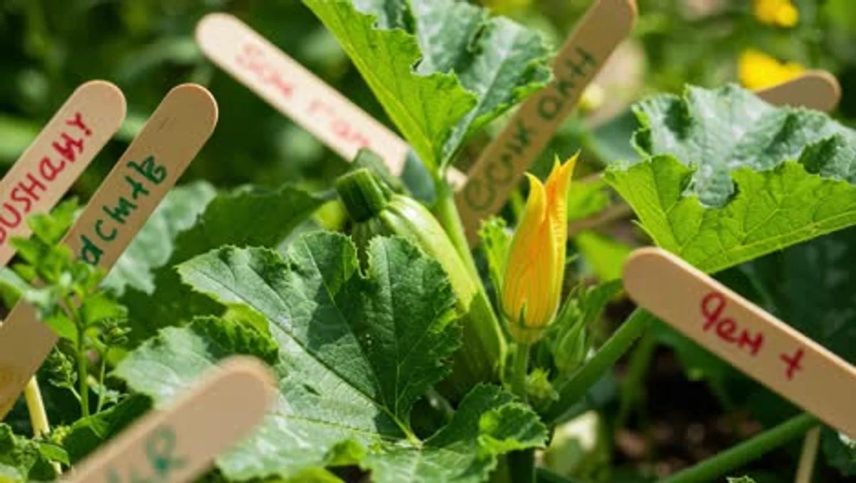 closeup of healthy zucchini leaves with garlic stalks between