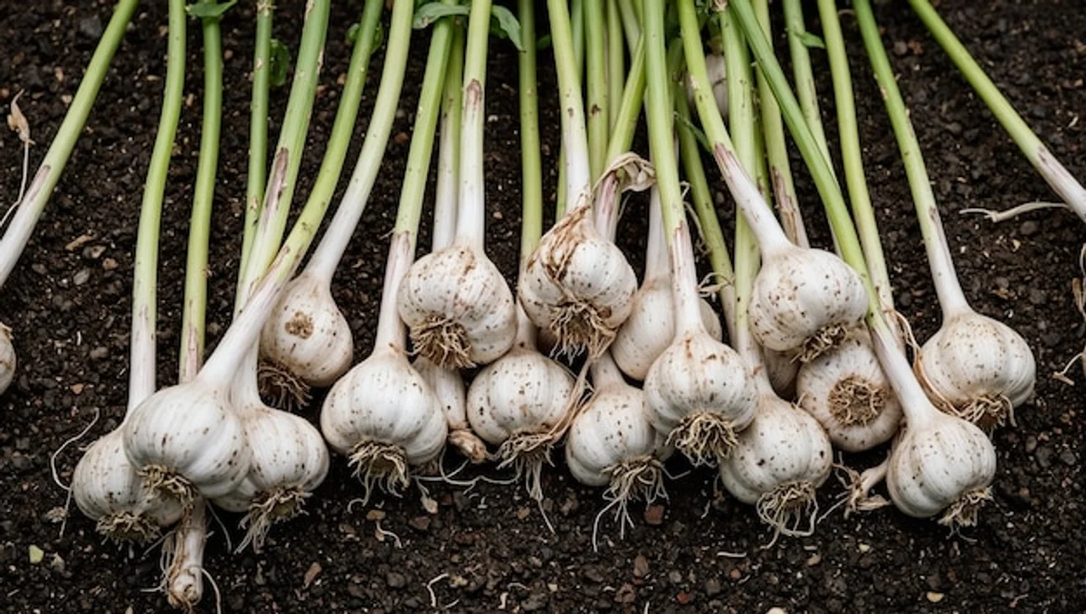 close up garlic cloves growing near apple tree roots