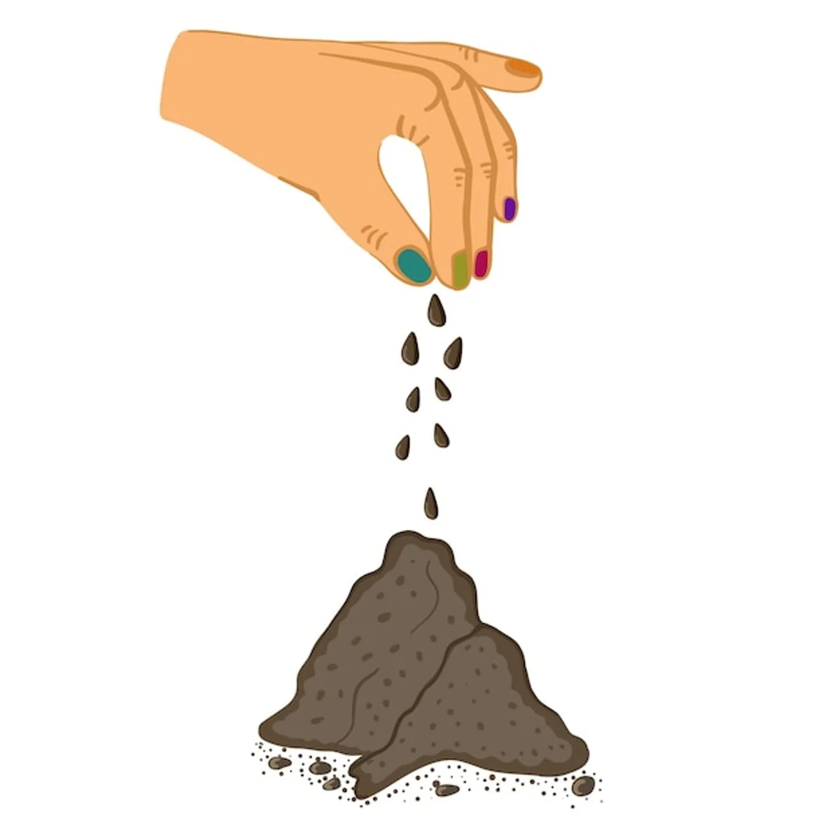 hand sprinkling coffee grounds into soil flower bed