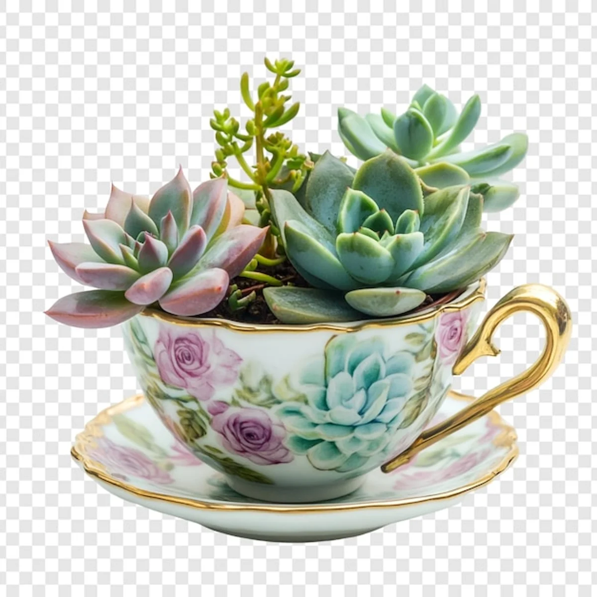 succulents in vintage teacups