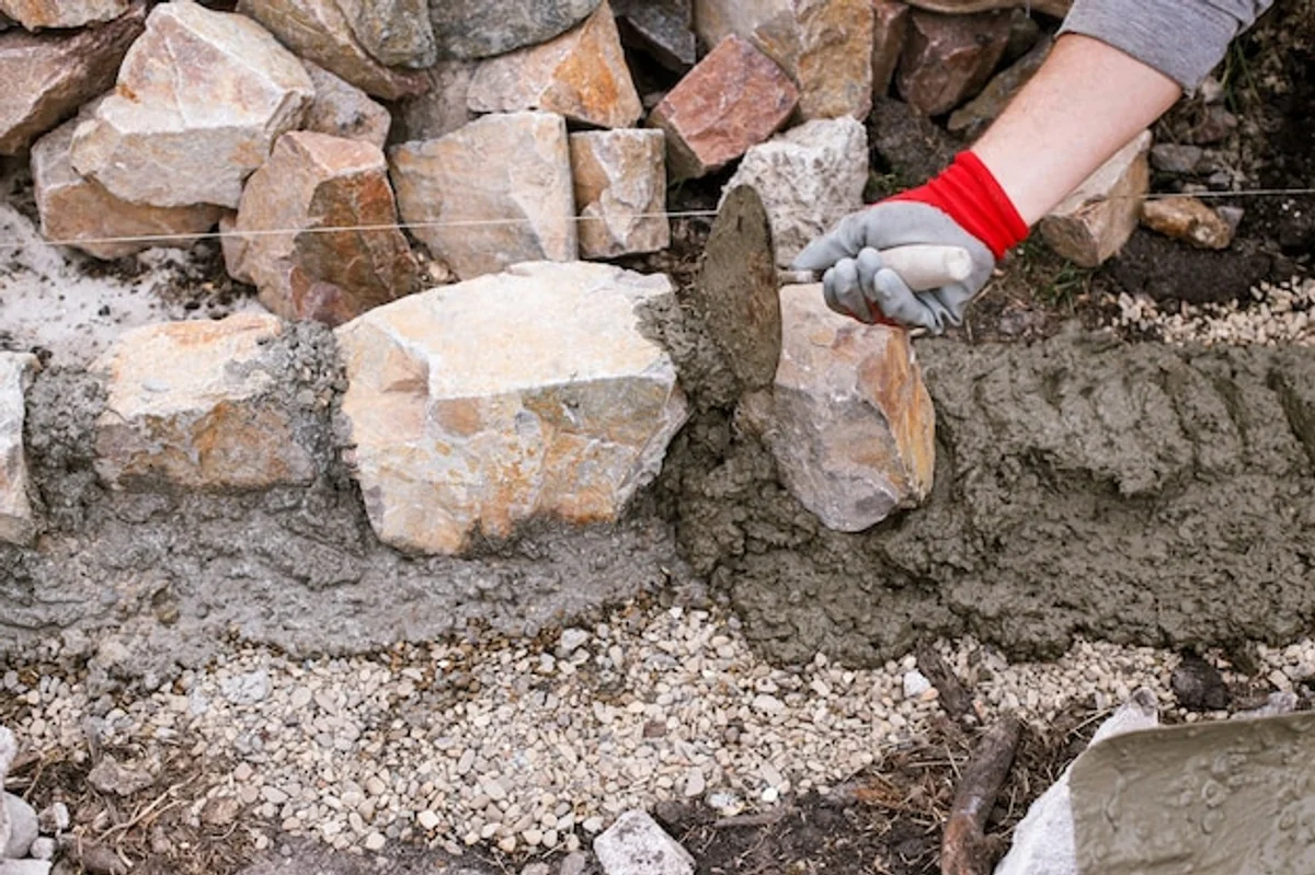 hands placing old brick in garden path nature