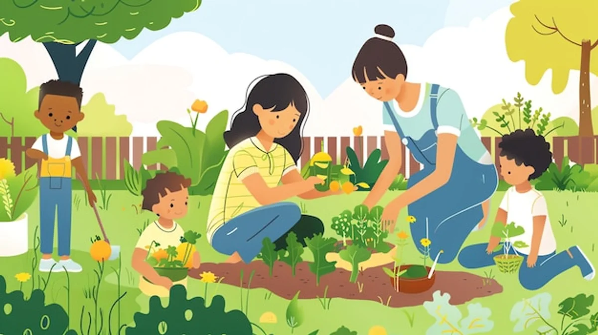 family planting fruit tree eco friendly backyard