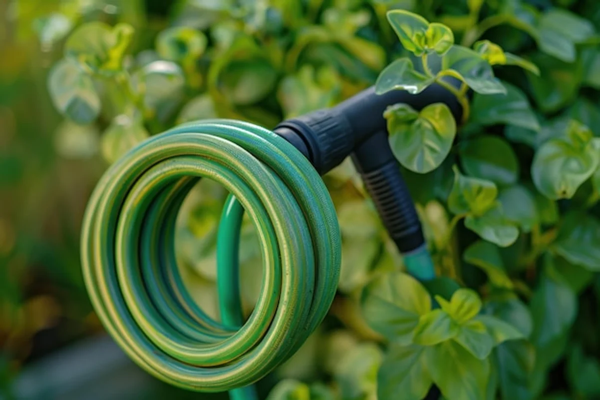 coiled garden hose close-up sunny green lawn