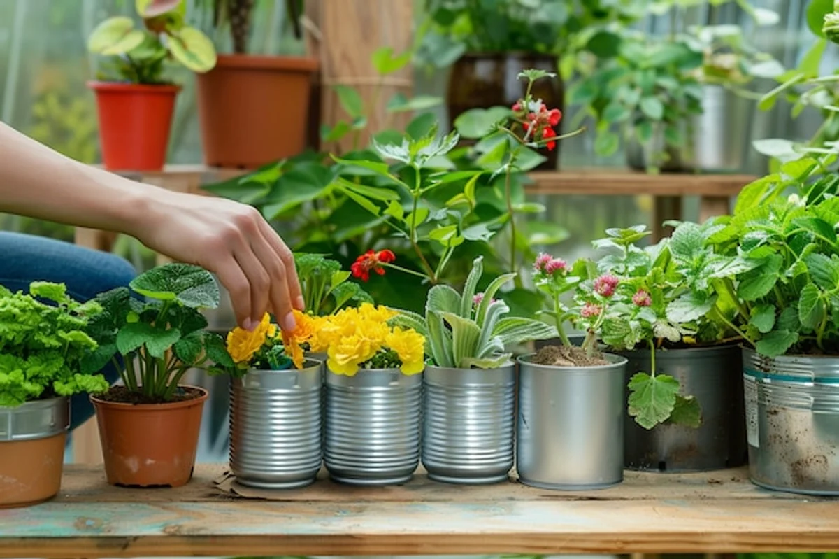 hands planting vegetable seedlings in colorful pots on a small city balcony