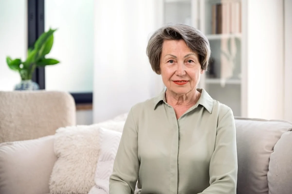 happy senior with easy care indoor plant smiling in living room