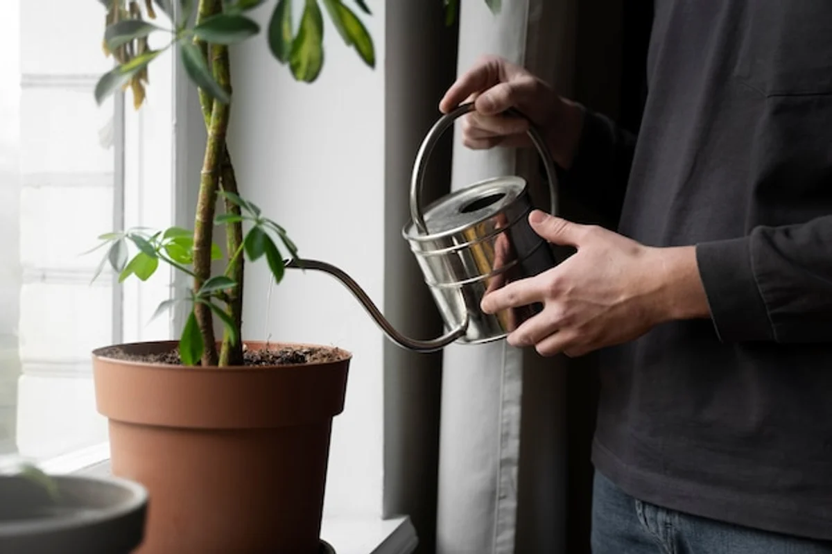 senior hands watering indoor plants in bright living room