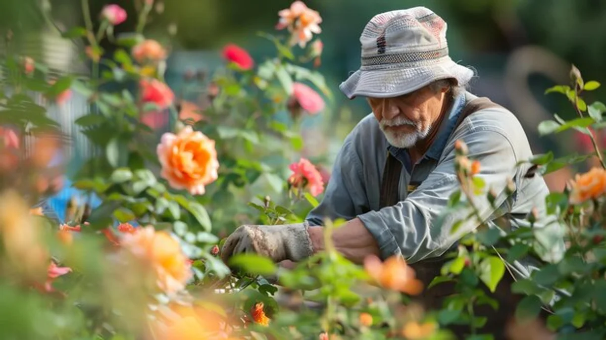 elderly gardener tending blossoming garden