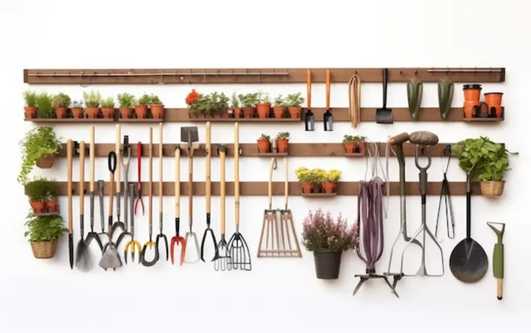 clean and organized garden tools hanging on wall