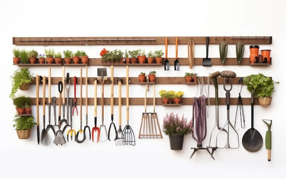 clean and organized garden tools hanging on wall