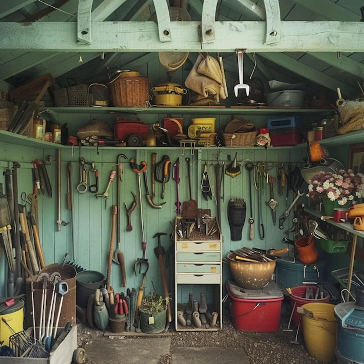 organized clean gardening tools in shed