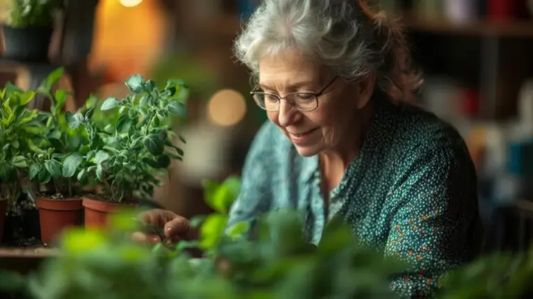 senior woman growing indoor herb garden sunny windowsill