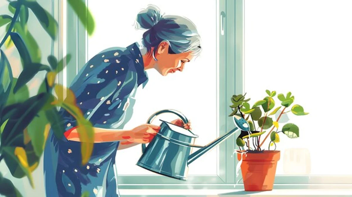 senior woman planting herb seeds on windowsill