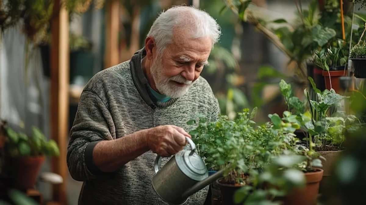 elderly person with easy care indoor plants