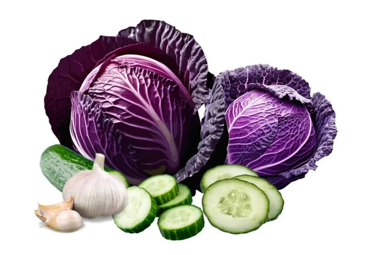 garlic and cucumber plants side by side in garden