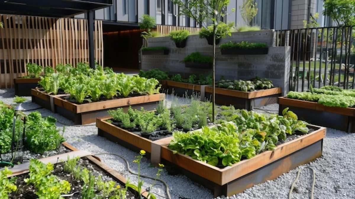 urban gardening in german city backyard vegetable beds