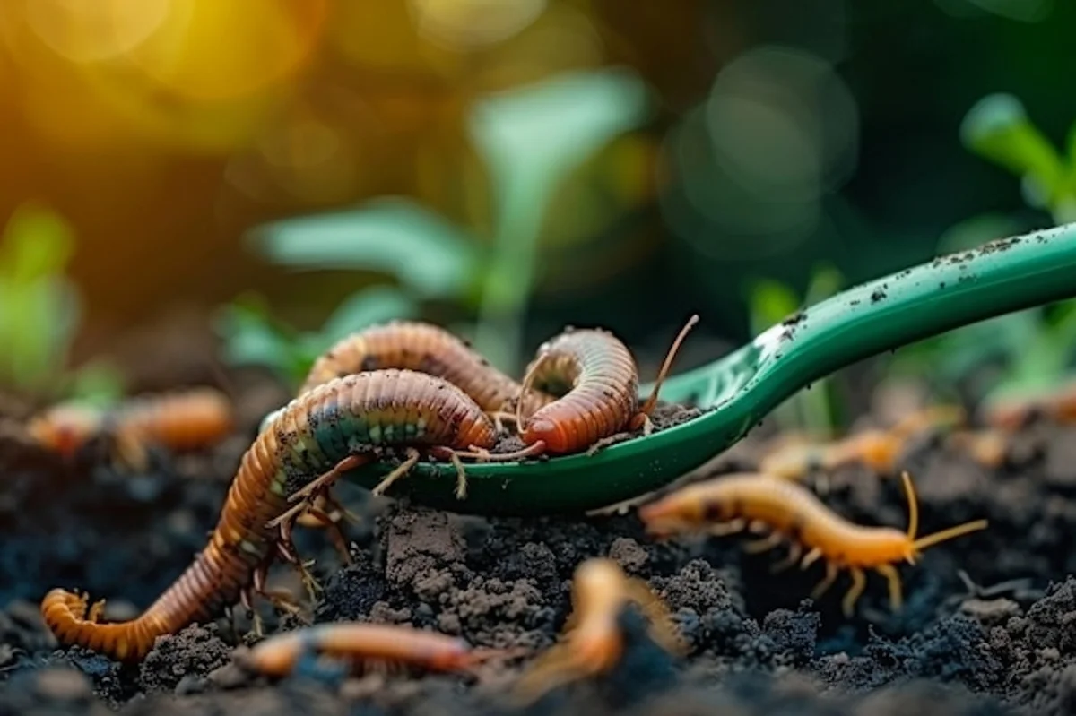 coffee grounds and earthworms around apple tree