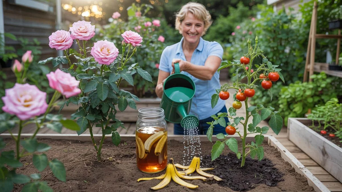 woman putting banana peels into garden soil next to hydrangea