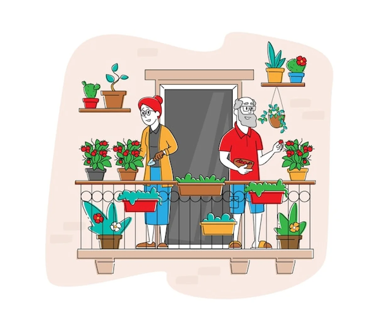 elderly woman harvesting vegetables on balcony