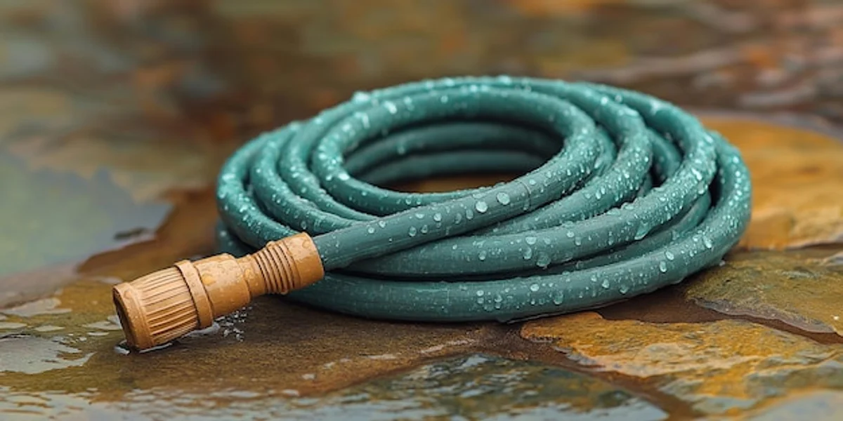 old garden hose on grass repair close-up