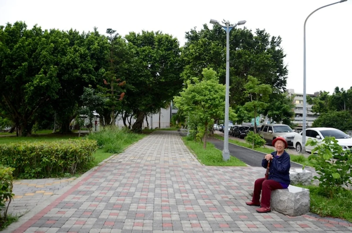 elderly women gardening raised beds sitting path shadow bench