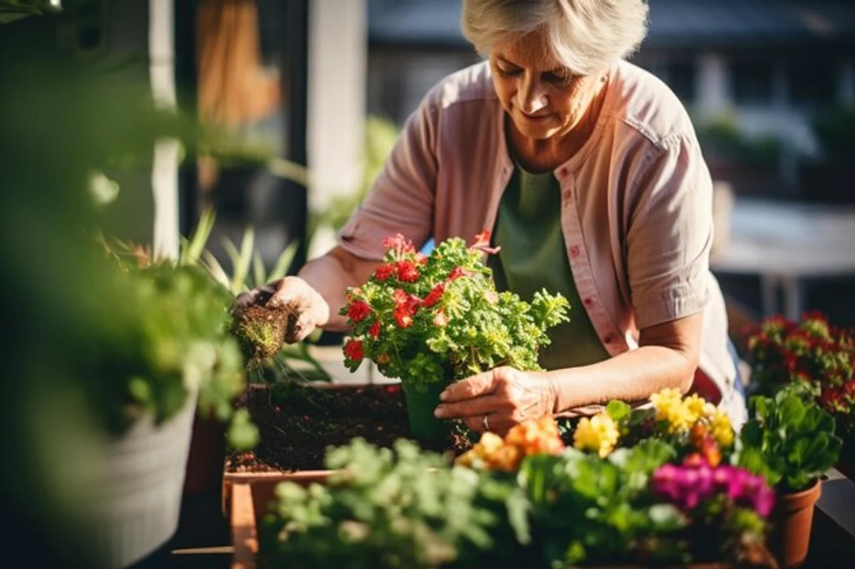 elderly woman gardening on balcony