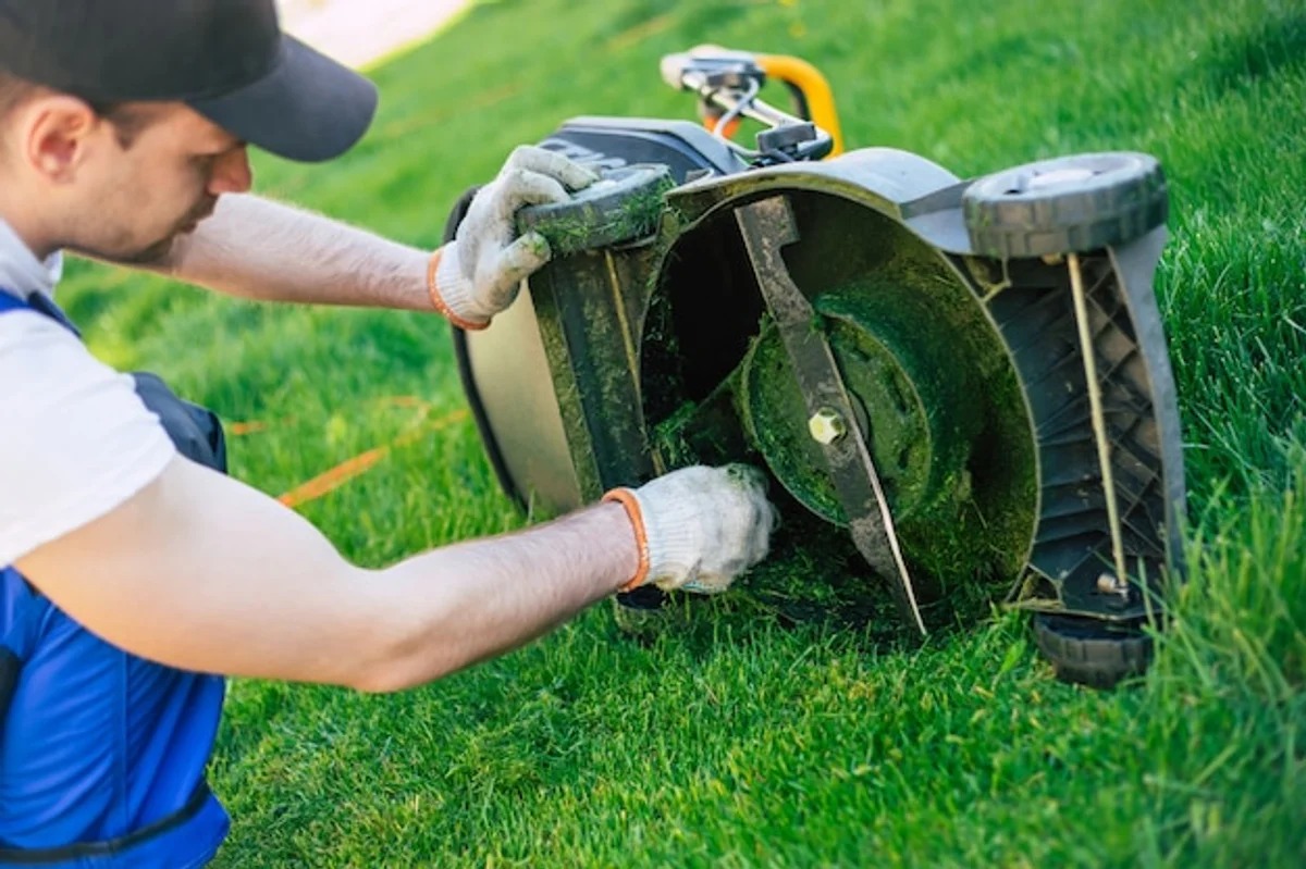 person cleaning cordless lawn mower after mowing garden