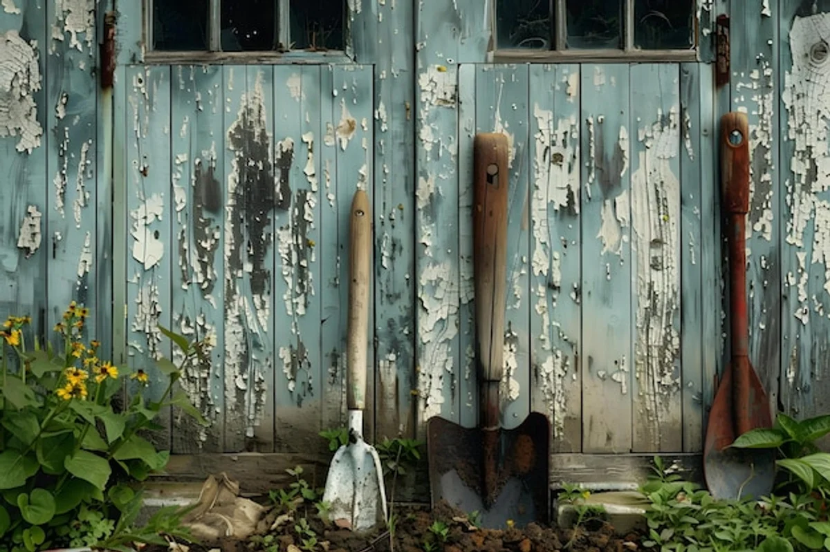 rusty garden tools in shed