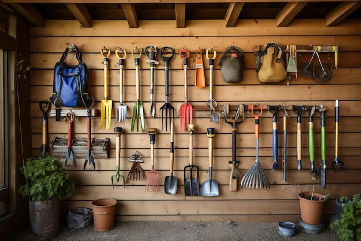 organized garden tools wall storage