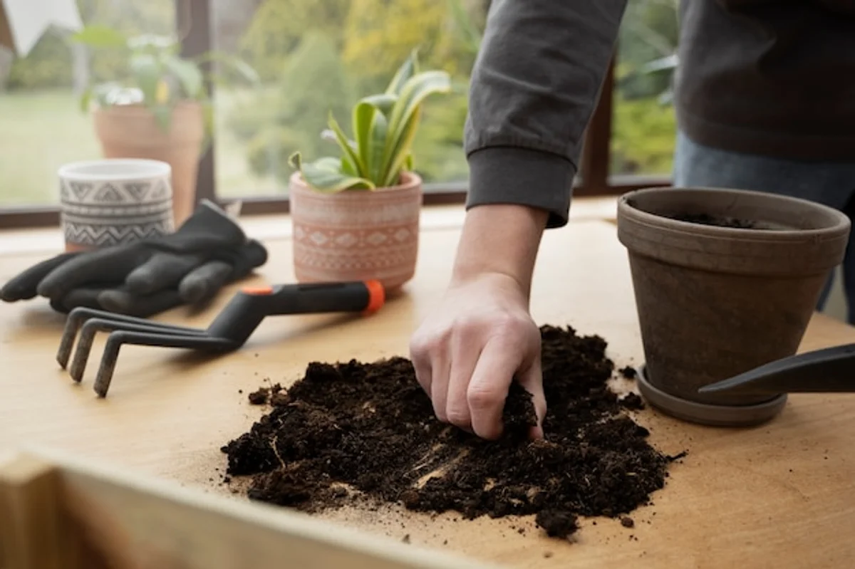 recycled newspaper mulch indoor plants close up